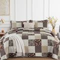 Xruibed Floral Plaid Patchwork Quilt Set Queen Size 3 Pieces Taupe Beige Khaki Bedspread Set Reversible Quilt Bedding Set Microf