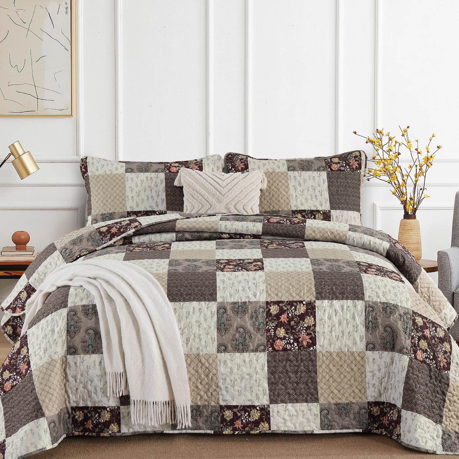Xruibed Floral Plaid Patchwork Quilt Set Queen Size 3 Pieces Taupe Beige Khaki Bedspread Set Reversible Quilt Bedding Set Microf