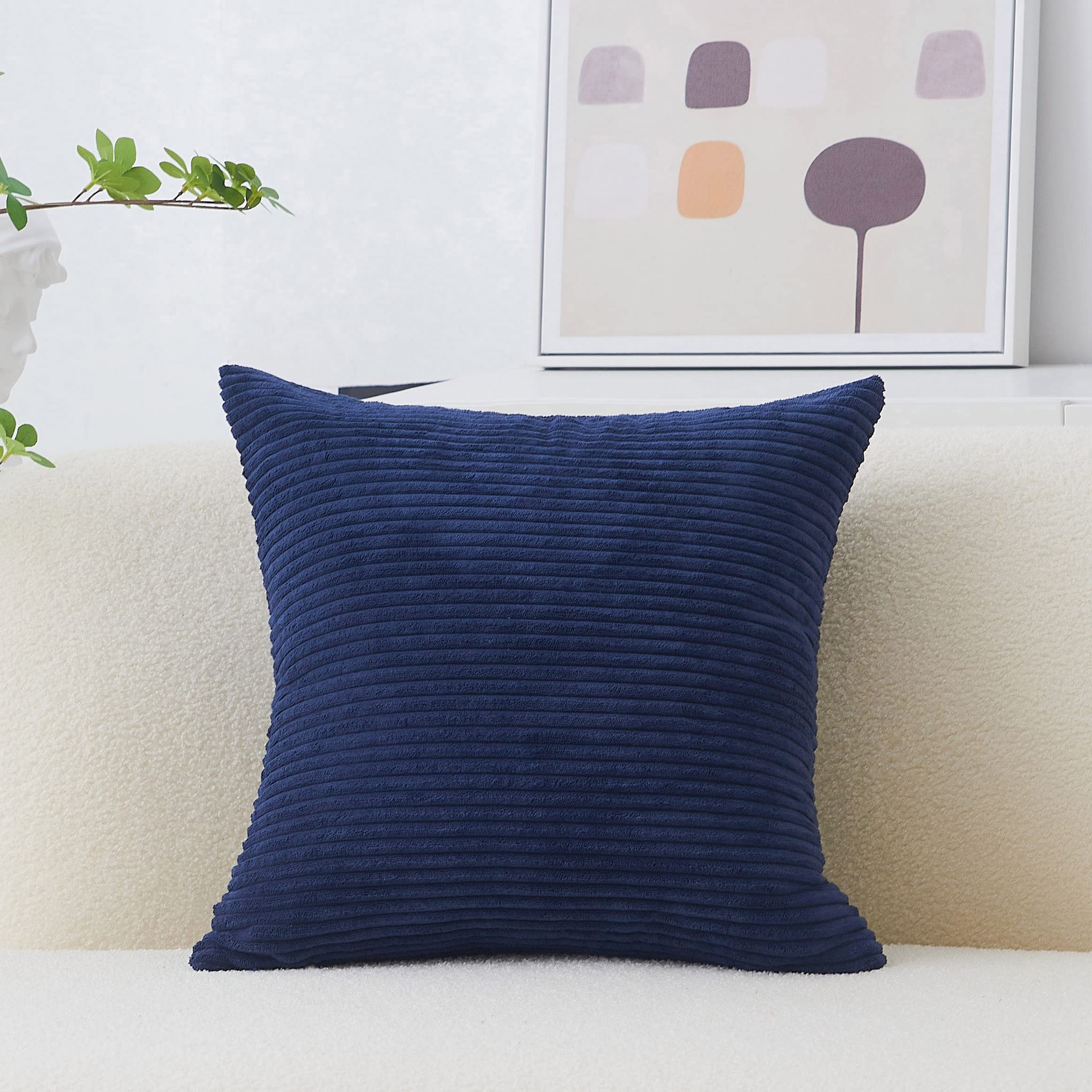 Home Brilliant Euro Sham Striped Decorative Corduroy Velvet Large Couch Throw Pillow Cover For Bedroom, 24 Inch (60Cm), Navy Blu