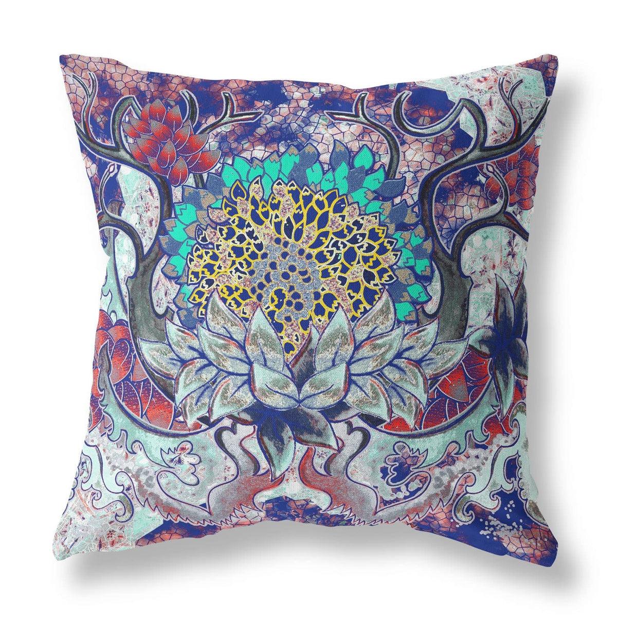 HomeRoots Electric Blue Aqua 18â€ Blue Red Flower Bloom Suede Throw Pillow