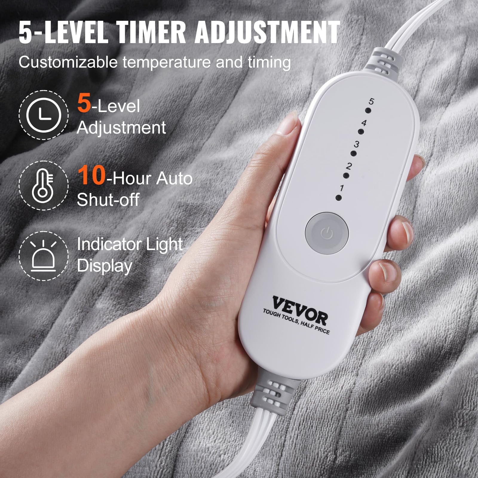 Vevor Heated Blanket Electric Throw, 72'' X 84'' Full Size, Soft Flannel Heating Blanket With 10 Hours Timer Auto-Off & 5 Heatin