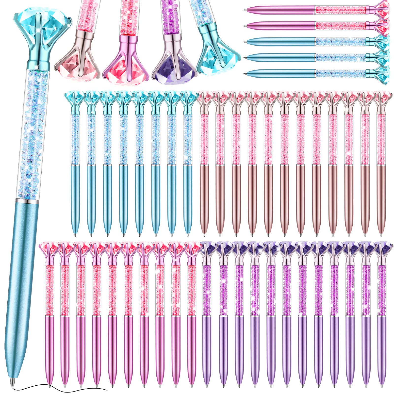 Leinuosen 48 Pcs Big Crystal Diamond Pens Bulk Bling Black Ink Rhinestones Ballpoint Pen Bridal Shower Decor for College Office 