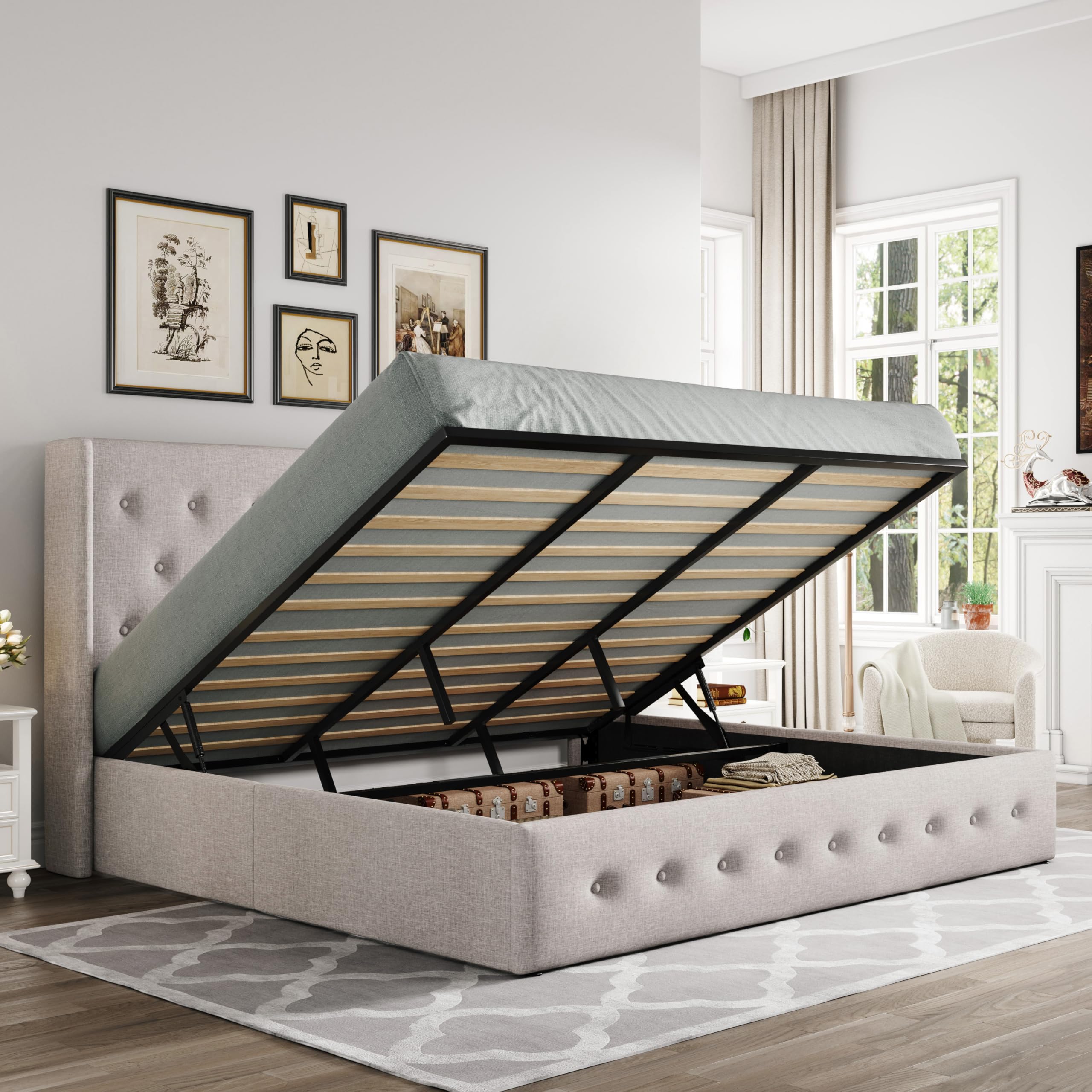 Allewie King Size Lift Up Storage Bed, Button Tufted Headboard With Wingback, Hydraulic Support, No Box Spring Needed, Light Beige