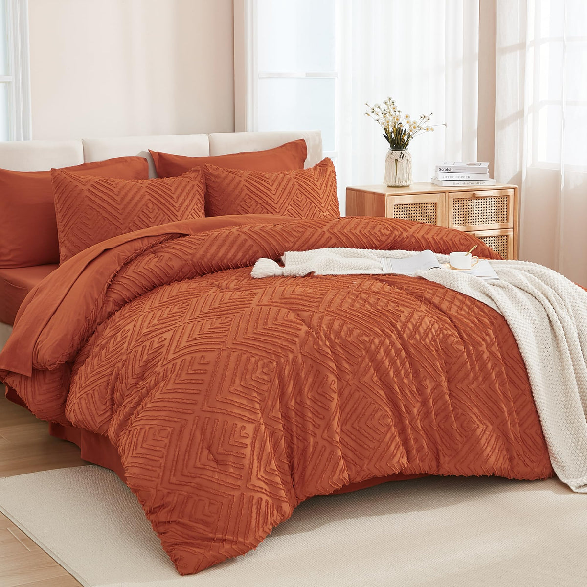 Andency King Size Comforter Set Burnt Orange - 7 Pieces Bed In A Bag King Boho Terracotta Beddding Comforter Sets, Rust Tufted B