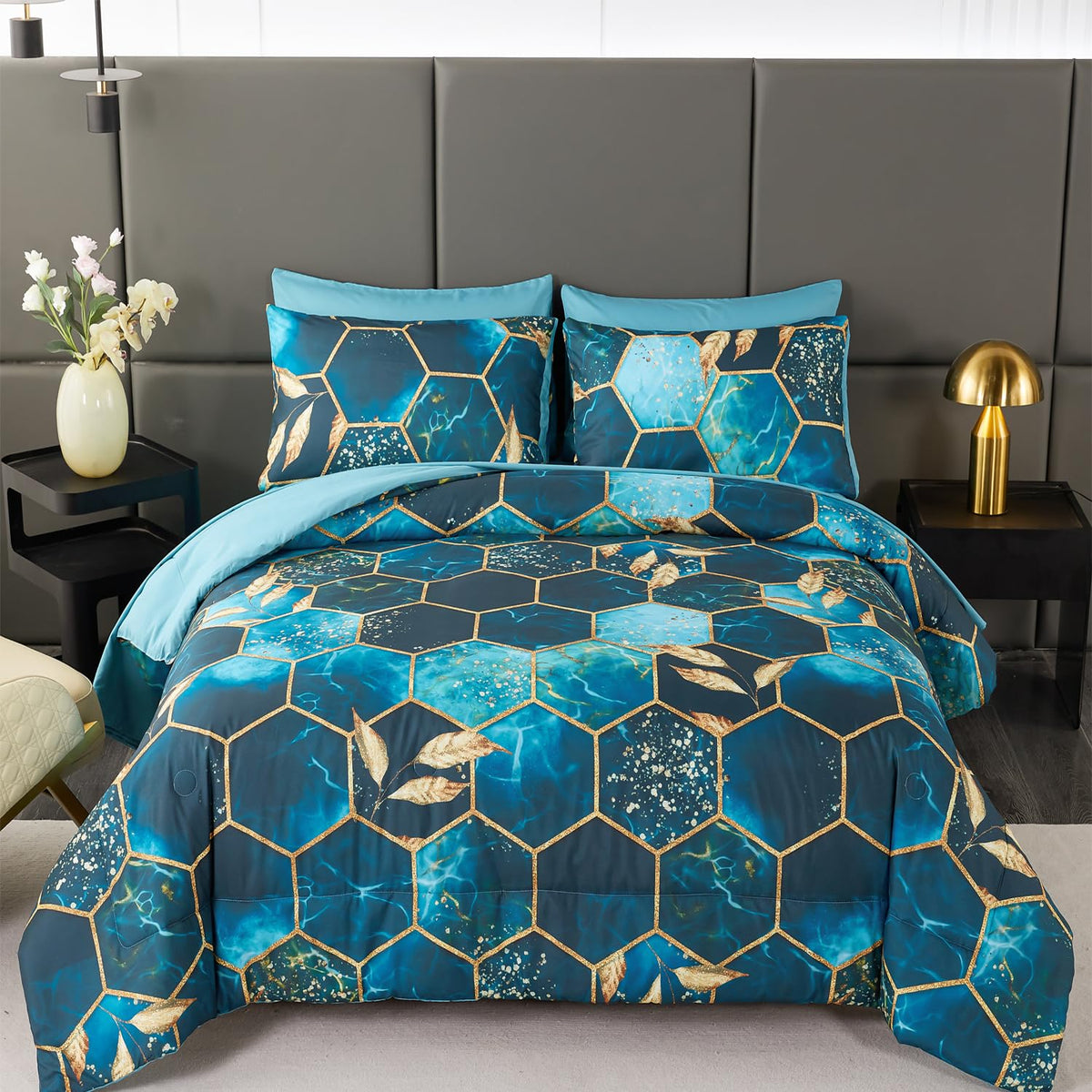 Angiyuin Turquoise Gold Hexagon Queen Comforter Set, 7Pcs Honeycomb Bed In A Bag Marble Printed Bed Sets Gold Trim Bedding Comfo
