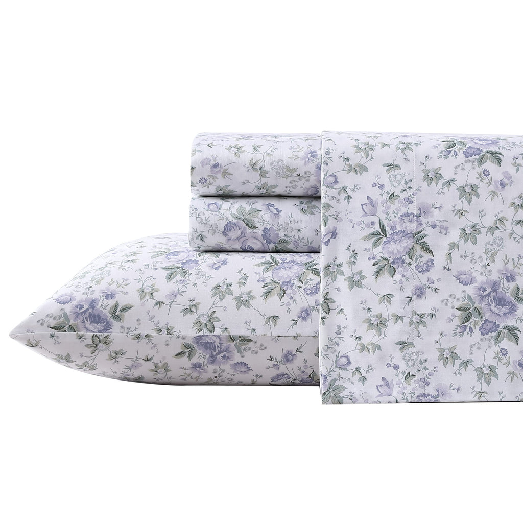 Laura Ashley Home King Sheet Set, Soft Sateen Cotton Bedding Set - Sleek, Smooth, & Breathable,Lilian Purple