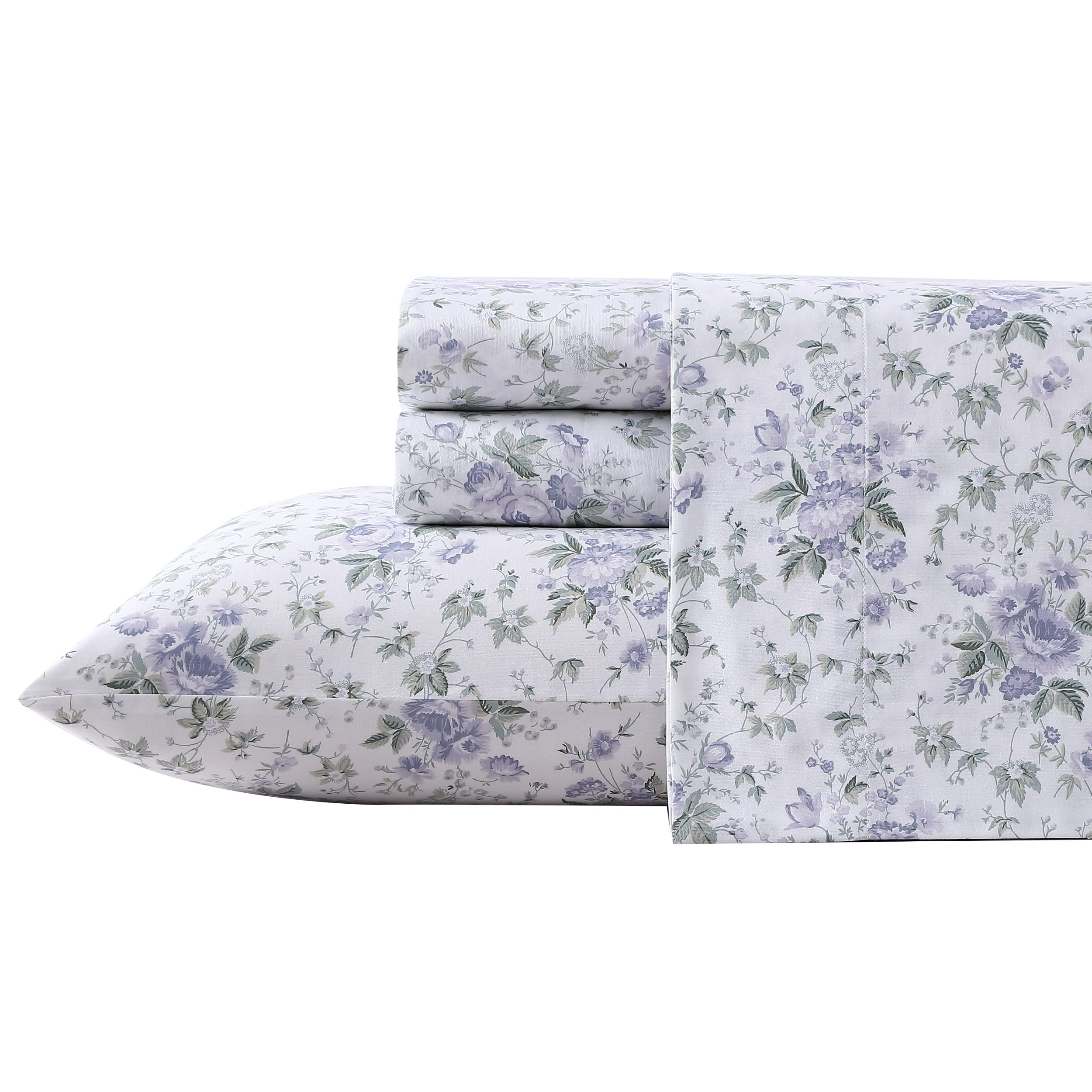 Laura Ashley Home King Sheet Set, Soft Sateen Cotton Bedding Set - Sleek, Smooth, & Breathable,Lilian Purple