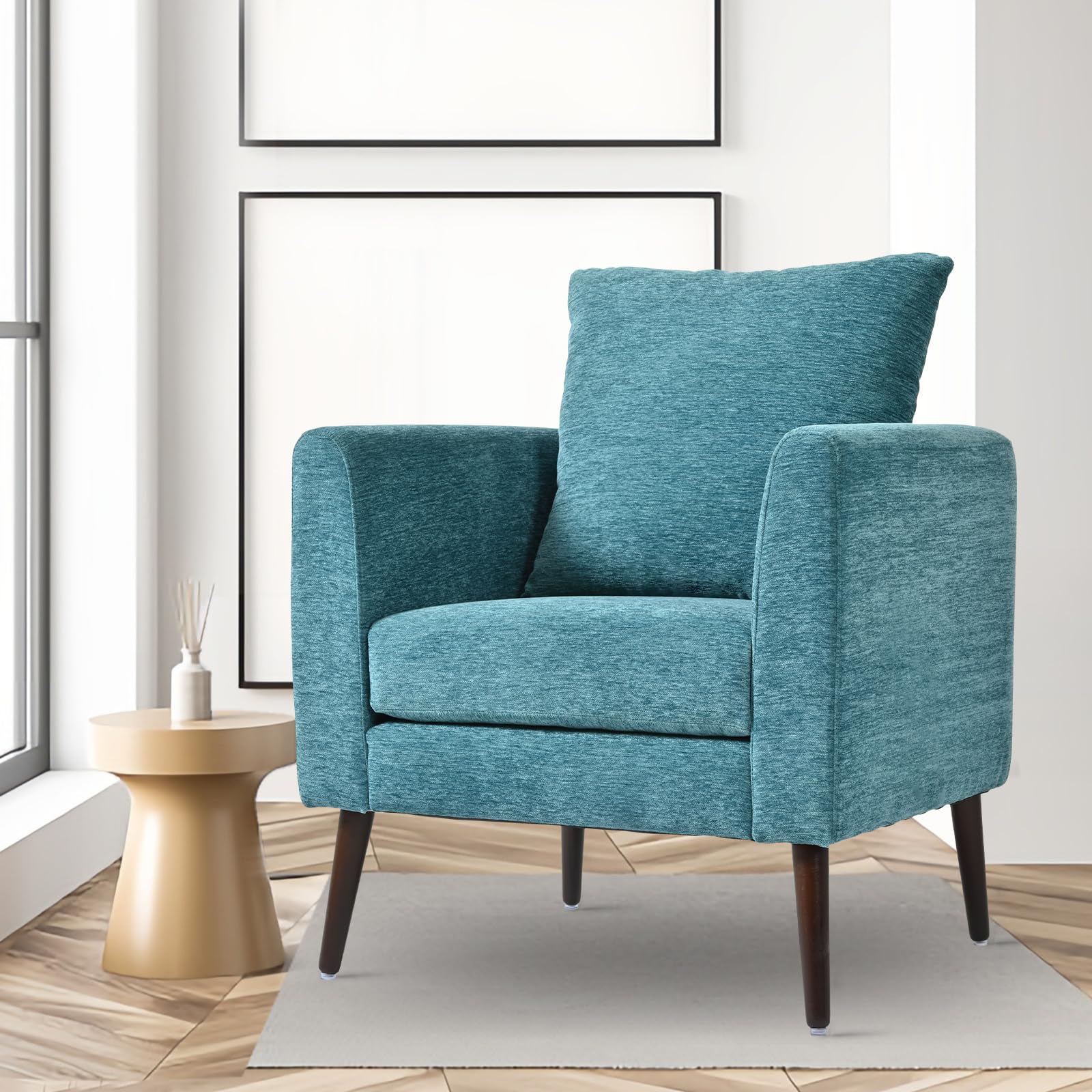 Cinkehome Accent Chair For Living Room, Modern Upholstered Chenille Arm Chair, Large Pillow, Solid Wood Legs, Teal