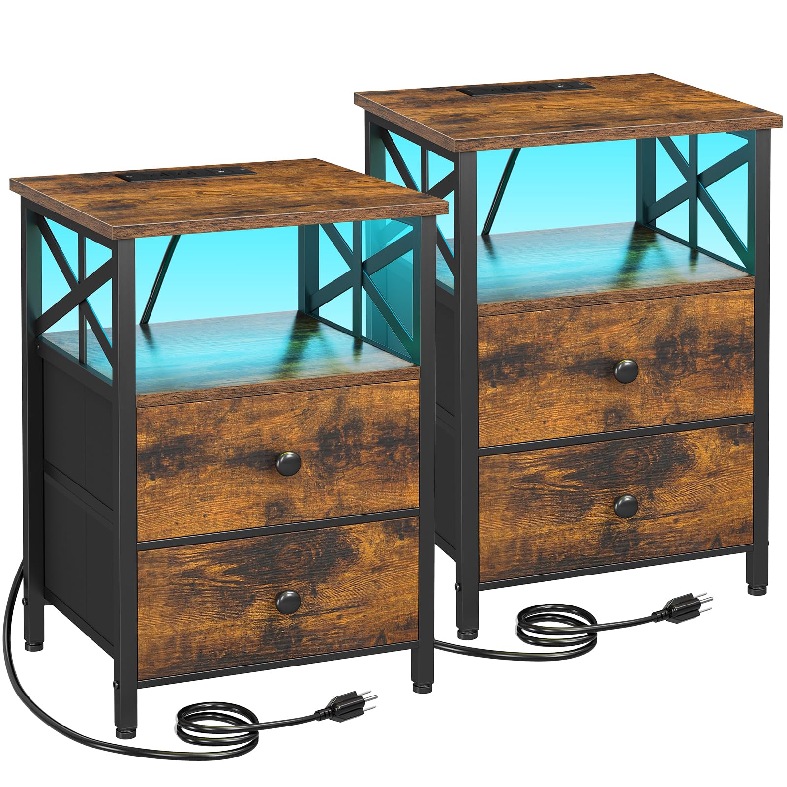 Amhancible Night Stand Set 2, Led Nightstand With Charging Station, End Tables Living Room With Fabric Drawers, Bedside Table For Bedroom, Rustic Brown, Het052Lbr