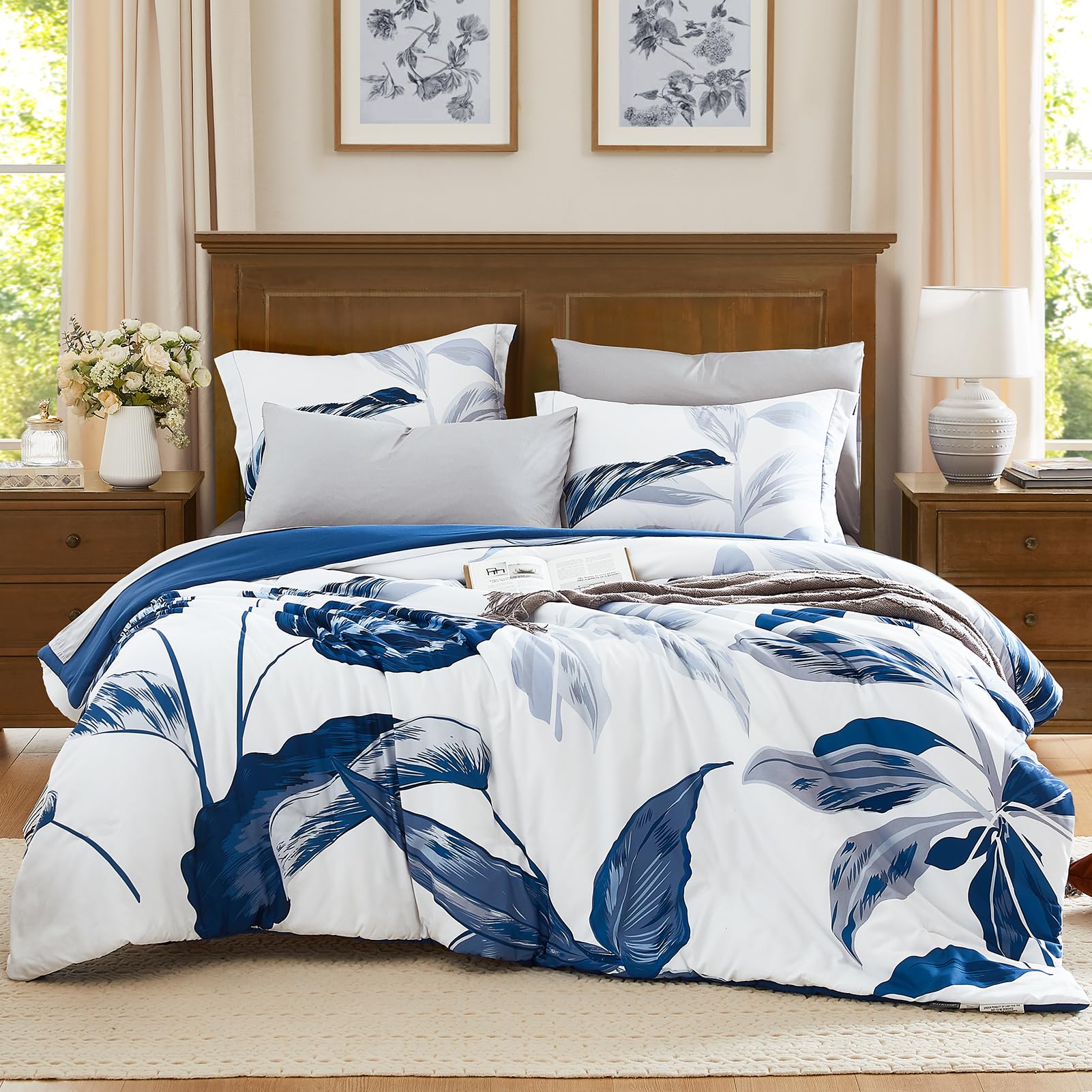 Wrensonge King Size Comforter Set, 7 Pieces Blue Floral Comforter Set With Sheets For King Size Bed, Leaf Pattern King Bedding S