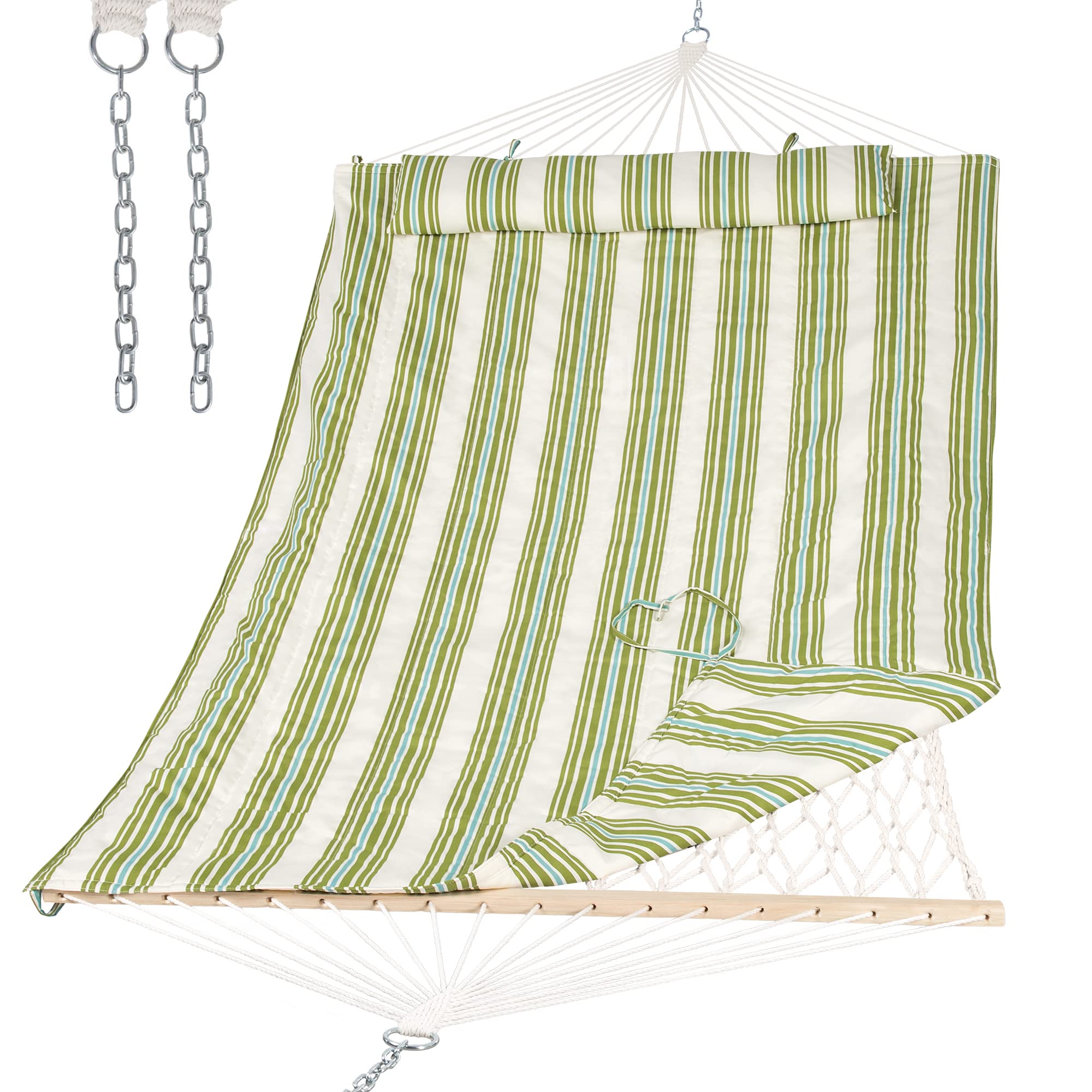 Suncreat Portable 2 Person Hammock With Hardwood Spreader Bar, Cotton Rope Outdoor Hammock With Polyester Pad, Green&Beige