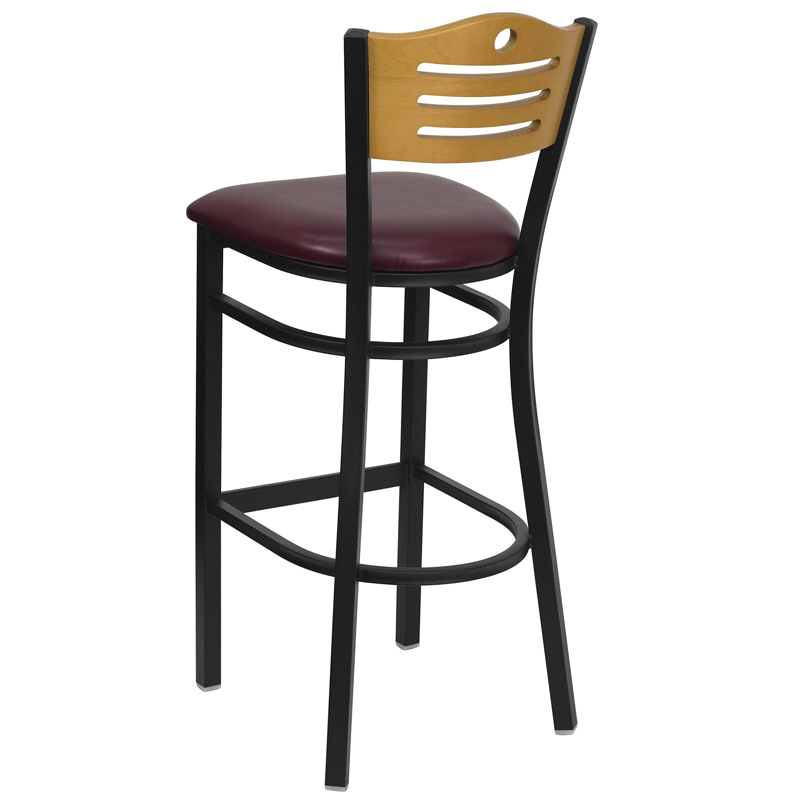 Flash Furniture Hercules Series Black Slat Back Metal Restaurant Barstool - Natural Wood Back, Burgundy Vinyl Seat