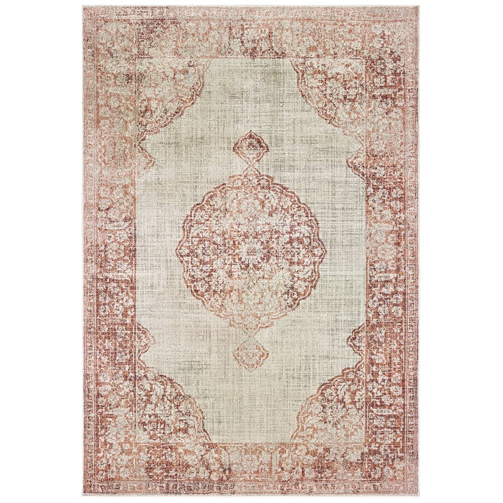 HomeRoots Polypropylene 5’x8’ Ivory and Pink Medallion Area Rug