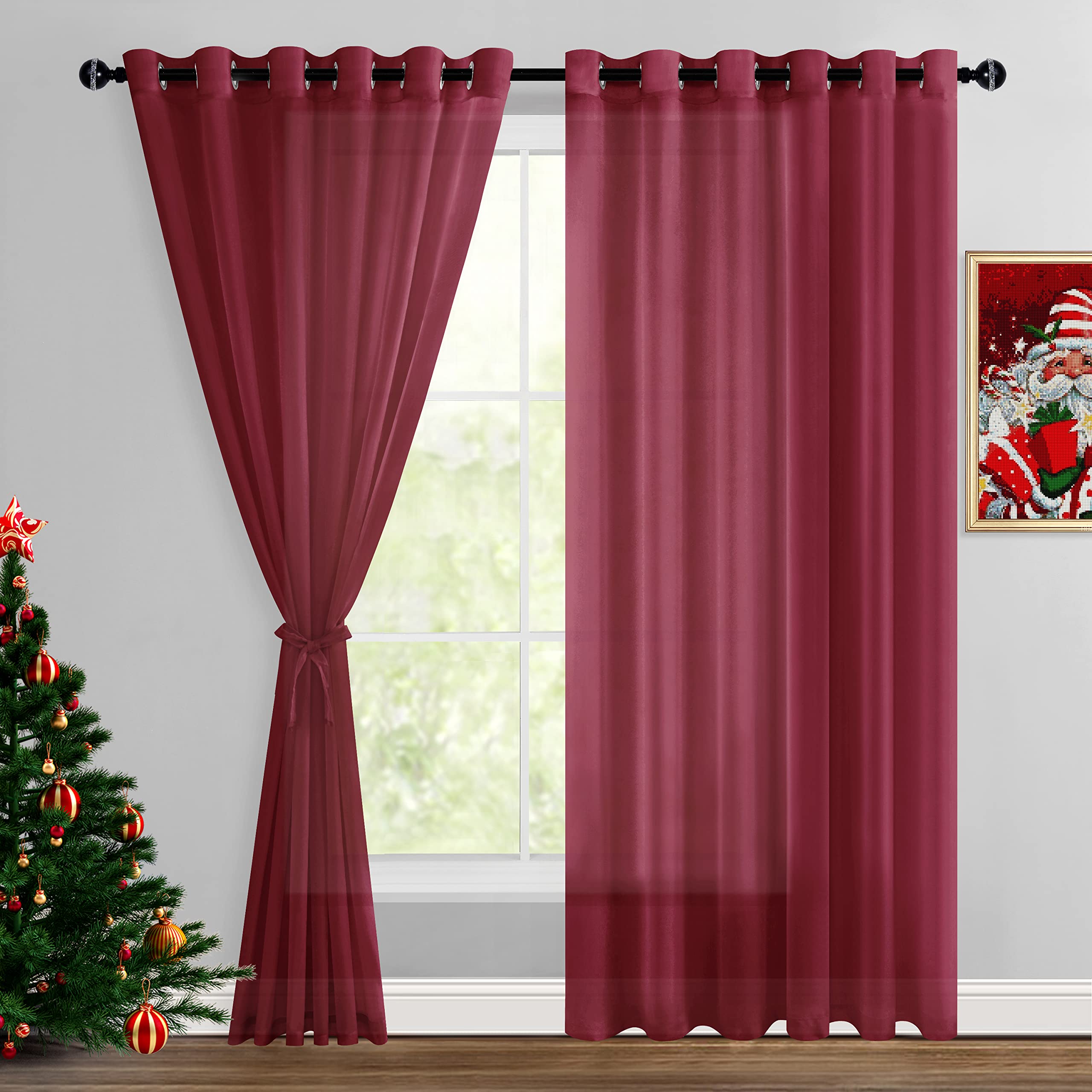 Hiasan Sheer Curtains For Bedroom With Tiebacks, Grommet Light Filtering Extra Wide Voile Texture Window Curtains For Living Room, Kids' Room And Nursery, Burgundy, W70 X L84, 2 Soft Drape Panels