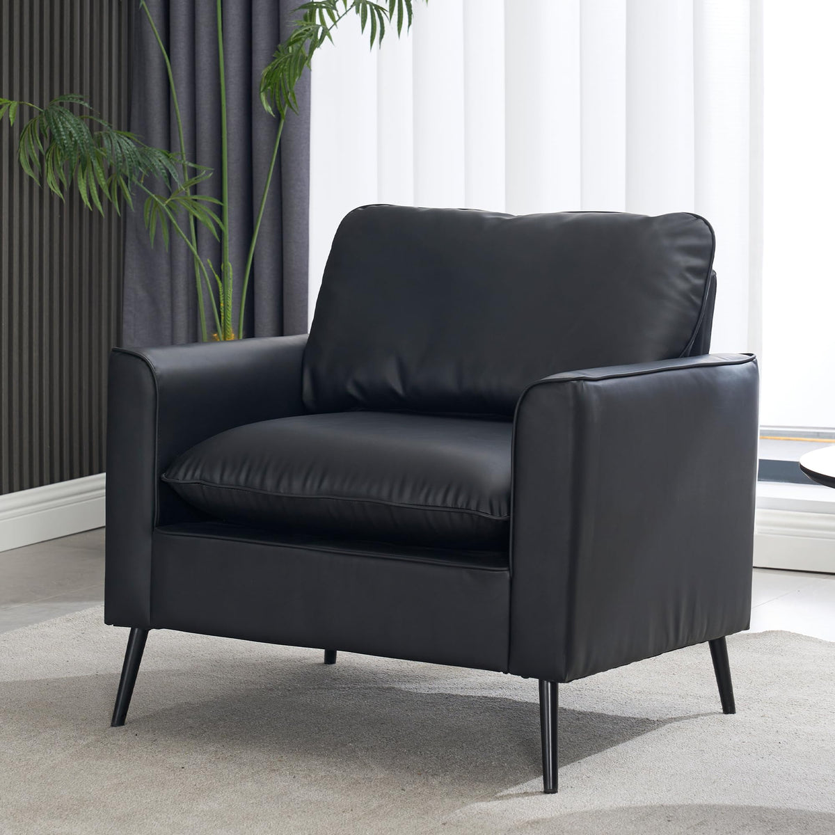 Okeysen Modern Leather Chair, Oversized Arm Chair For Living Room, Mid-Century Accent Chair For Bedroom Comfy, Upholstered Singl
