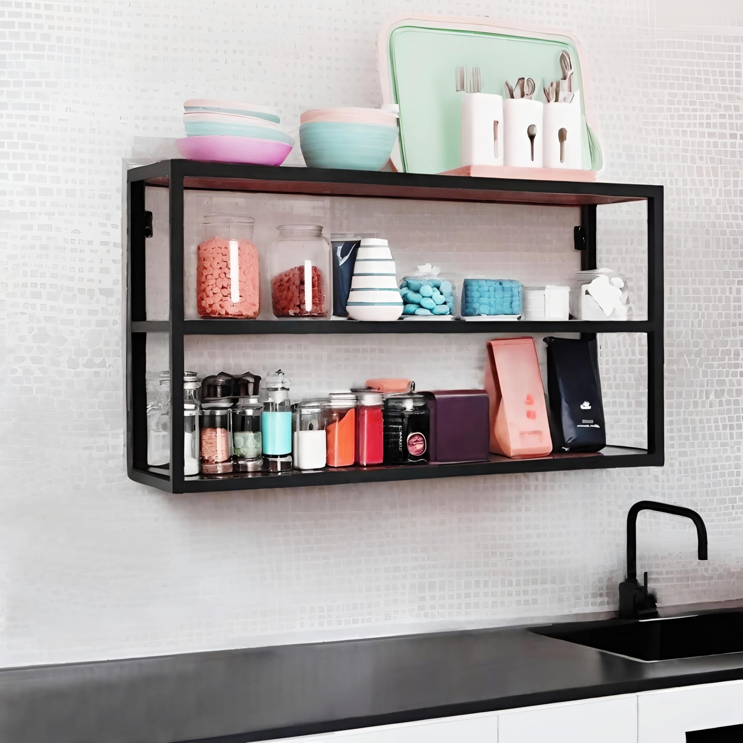 Dime Store Metal & Wood Kitchen Wall Shelf Spice Rack 3Tier For Storage Utensils & Containers | Table Top Storage Organizer For