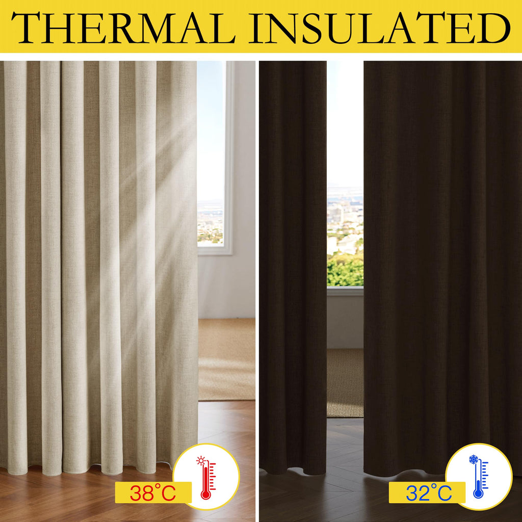 Nicetown 100% Blackout Cream Linen Curtains 95 Inches Length For Dining Room, 2 Panels Set, 52' Wide, Farmhouse Style Room Cooling Window Draperies With Thermal Insulated Liners