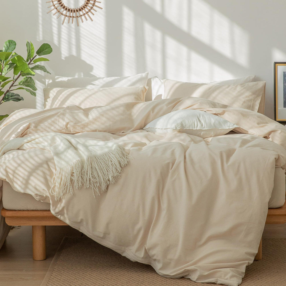 Moomee Bedding Duvet Cover Set 100% Washed Cotton Linen Like Textured Breathable Durable Soft Comfy (Sandy Beige, Cal King)