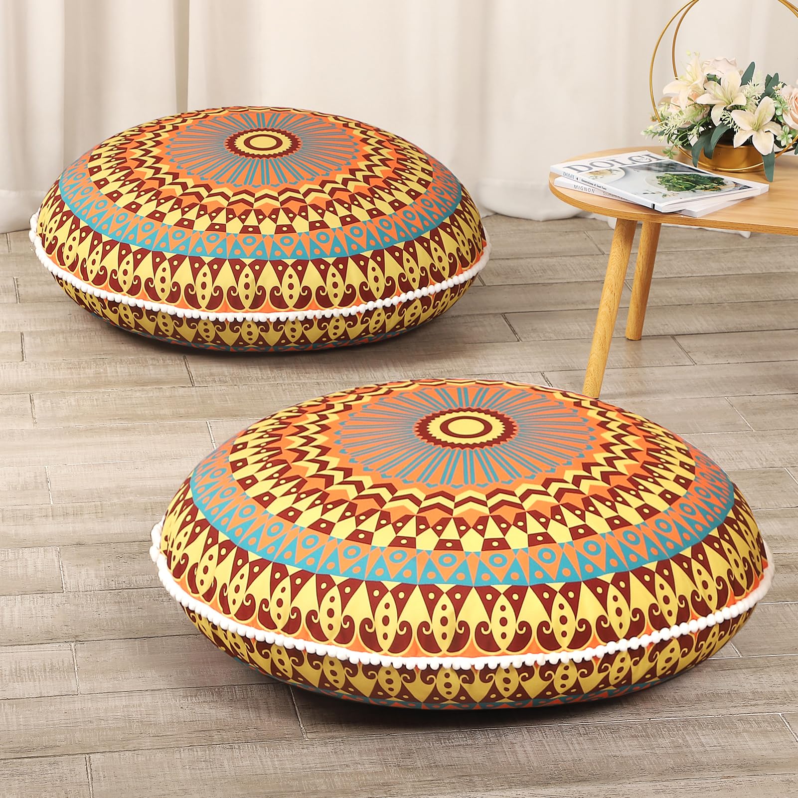 Lovmoc 32 Inches Meditation Floor Cushion For Adults, 2 Pack Round Large Thick Floor Pillow, Memory Foam Filling, Yellow