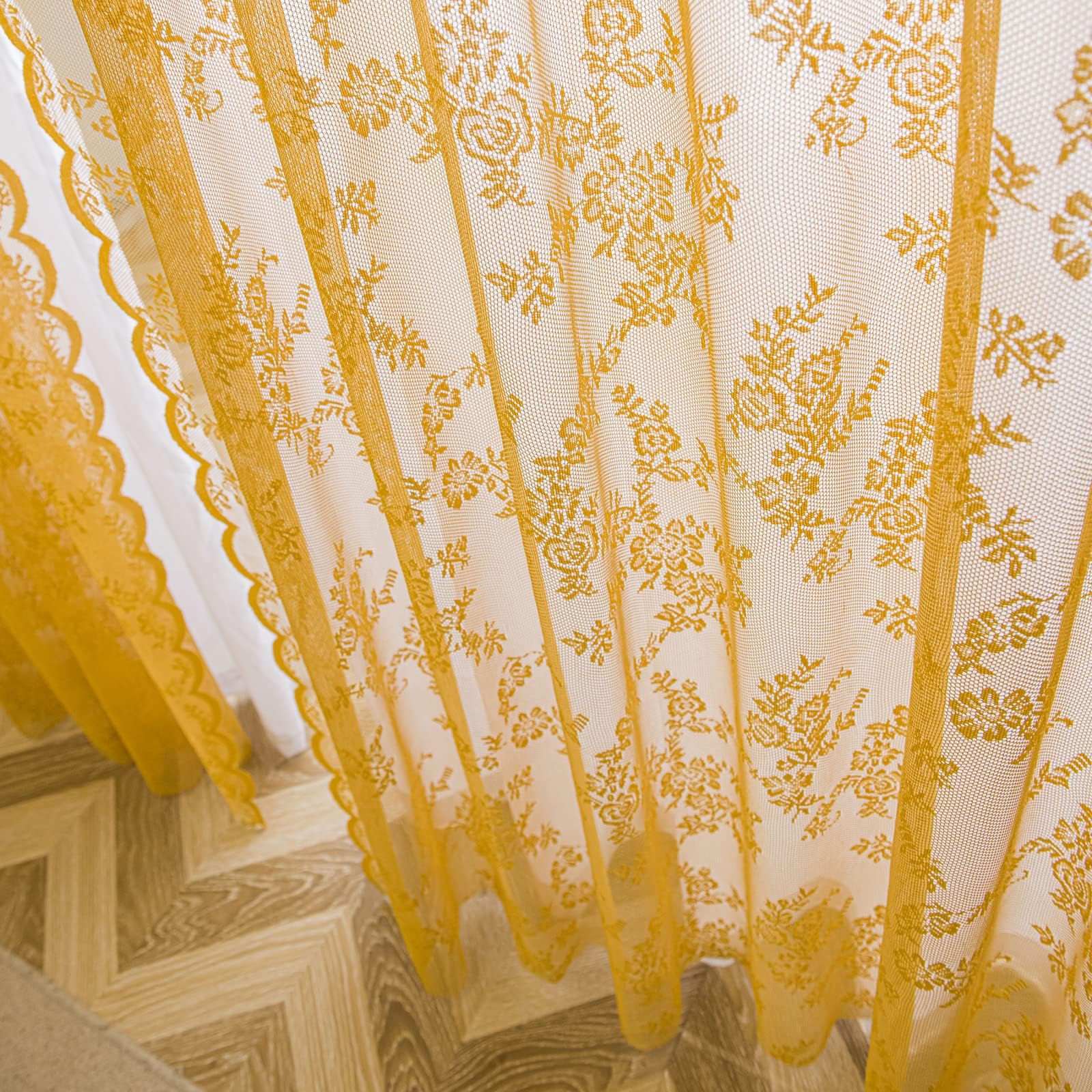 Deeprove Gold Lace Sheer Curtains 96 Inches Long 2 Panels Set, Rose Florals Embroidery Privacy Window Treatment Pair Drapes For