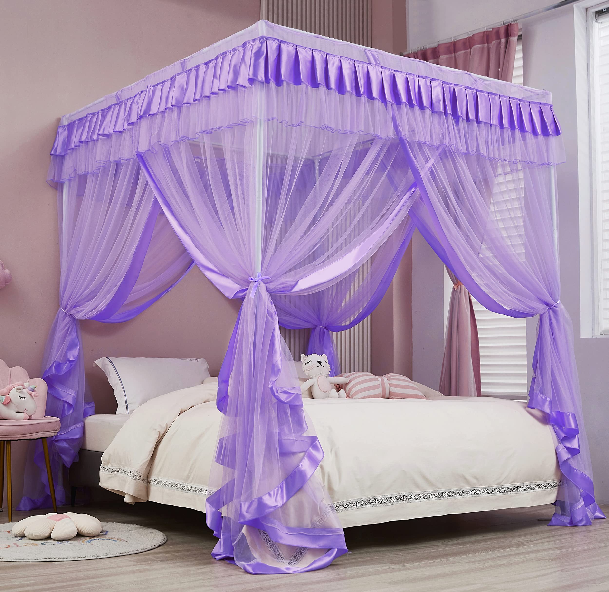 Mengersi Canopy Bed Curtains Queen Size - Bed Canopy Curtains - 4 Opening Canopy For Bed- Cute Princess Bedroom Decoration Gift