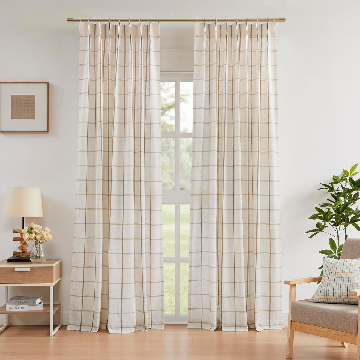 Vision Home Natural Linen Plaid Pinch Pleated Semi Sheer Curtains 40Wx90Lx2