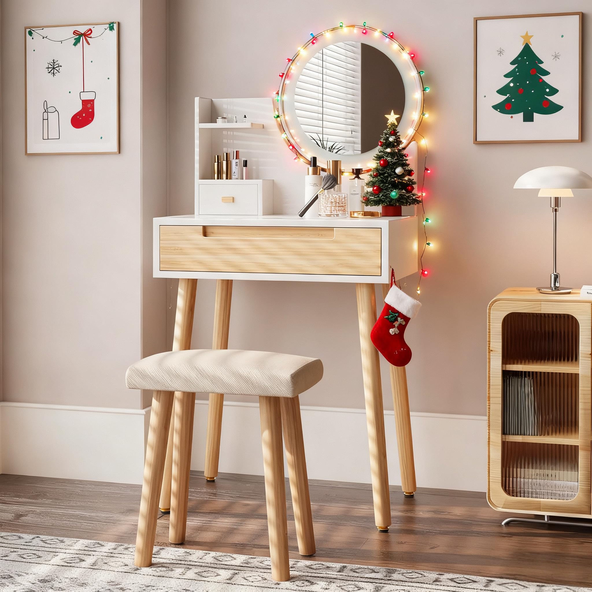 ARTETHYS Small Vanity Desk Set with 3 Adjustable Lighted Mirror and Storage Shelf White Tiny Makeup Vanities Set with Drawer for