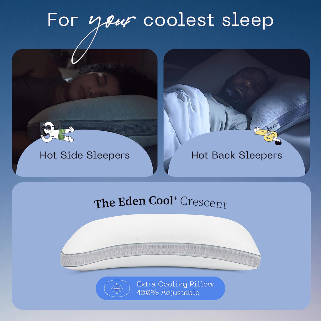 Coop Home Goods Eden Cool+ Crescent Adjustable Pillow, Queen Size Plus Shaped Memory Foam Pillows With Cooling Gel, Neck Support
