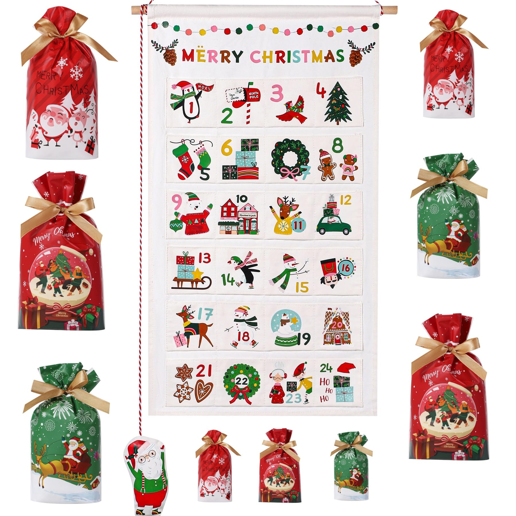 LYSXP Christmas Advent Calendar 2024 Countdown Fabric Wall Hanging Advent Calendars With 24 Pockets 13x23.5 Inch with 15 PCS Chr