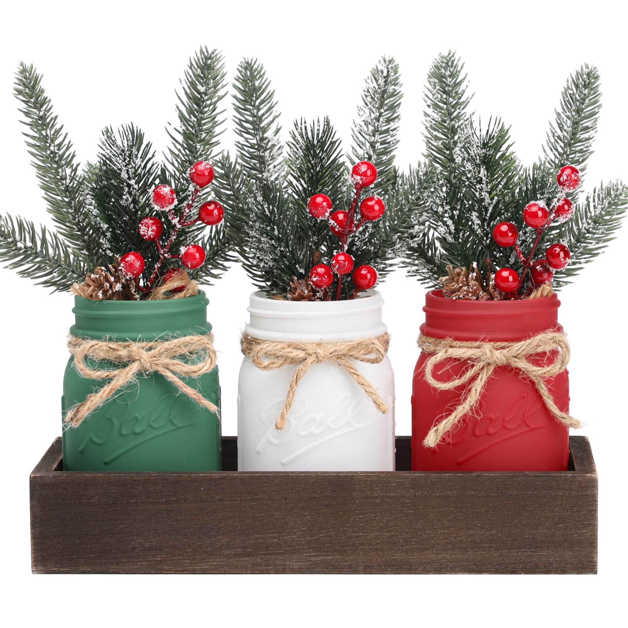 Winter Mason Jars, Winter Centerpieces for Tables, Wood Tray & 3 Painted Decorative Jars, Christmas Table Centerpieces Decoratio