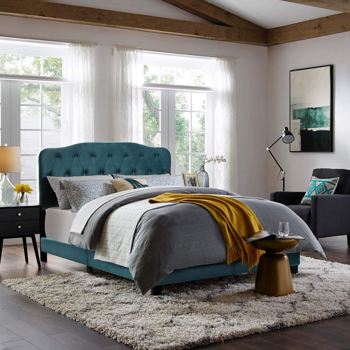 Modway Amelia Tufted Performance Velvet Upholstered Queen Bed In Sea Blue