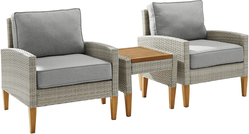 Crosley Furniture Capella 3-Piece Outdoor Chair and Side Table Set, Wicker Patio Conversation Sets, Acorn with Gray Cushions