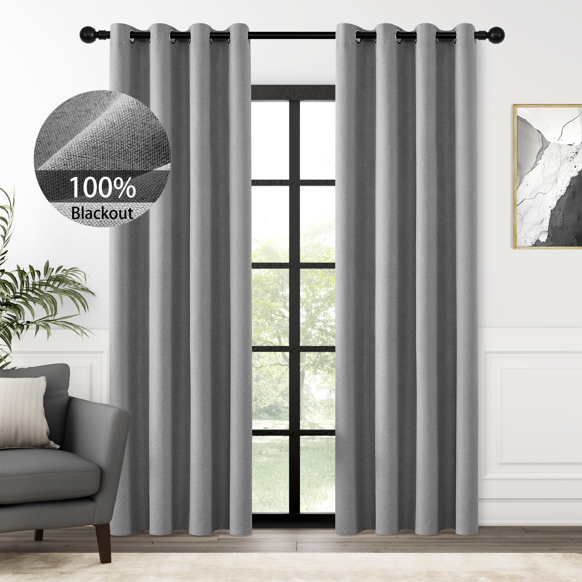 Chrisdowa Grey Blackout Curtains Room Darkening Thermal Grommet Curtain Panels For Bedroom Full Blackout Linen Textured Thermal