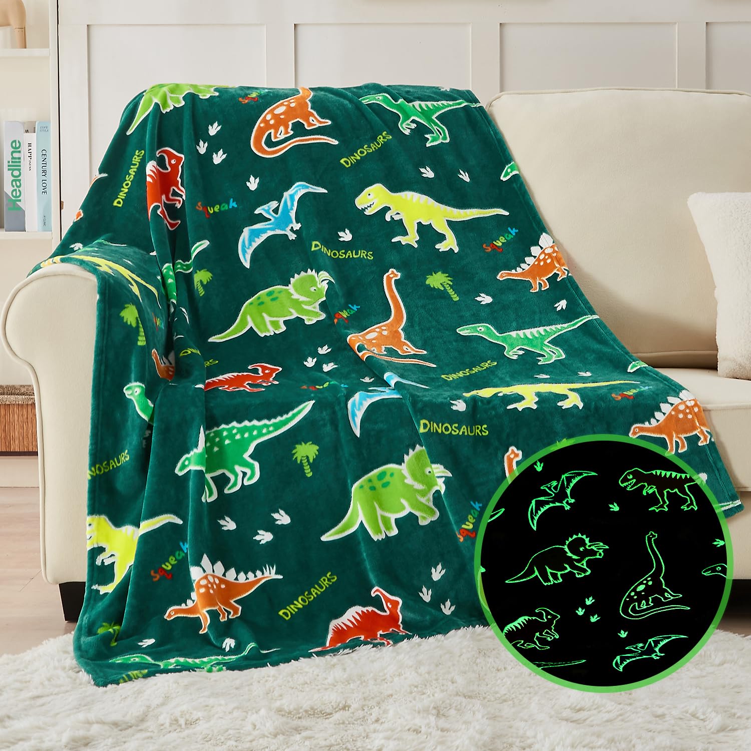 SOCHOW Glow in The Dark Dinosaur Blanket for Sons Daughters, Toys for 3-10 Year Old Preteen Teen Birthday Presents, Soft Cozy Fl