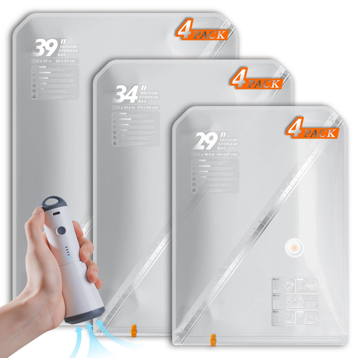 Vacbird Vacuum Seal Bags for Clothing with Rechargeable Cordless Pump, 12 Pack Compression Packing Bags, Space Saver Storage for