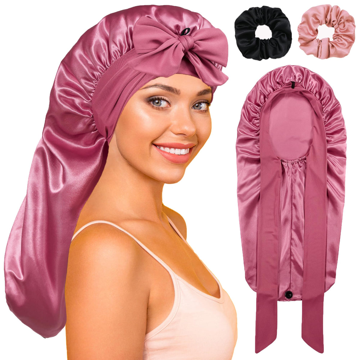 Long Bonnet with Tie Band, Satin Bonnet Hair Bonnet Silk Bonnet for Sleeping Women, Sleep Bonnets for Curly Hair Braids