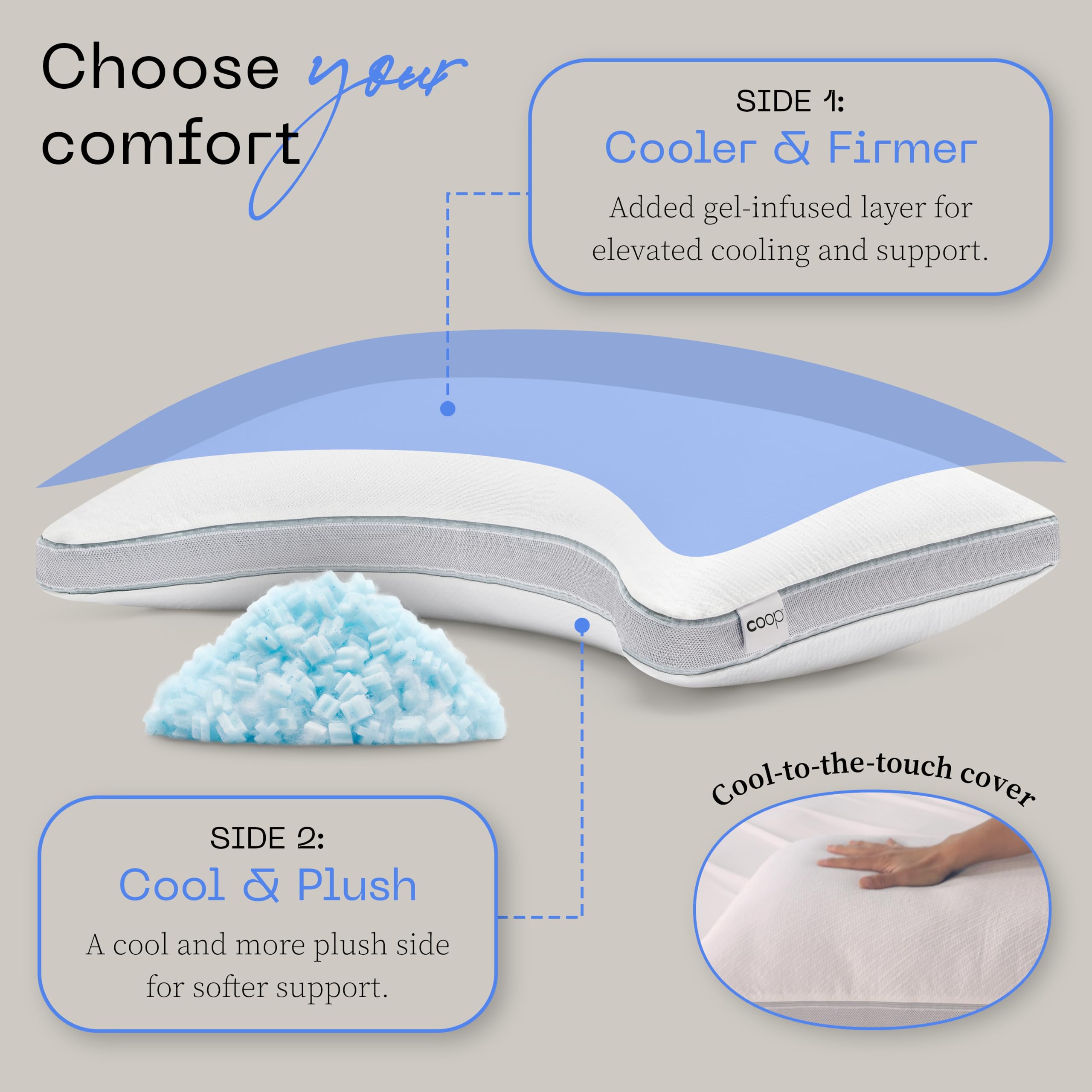 Coop Home Goods Eden Cool+ Crescent Adjustable Pillow, Queen Size Plus Shaped Memory Foam Pillows With Cooling Gel, Neck Support