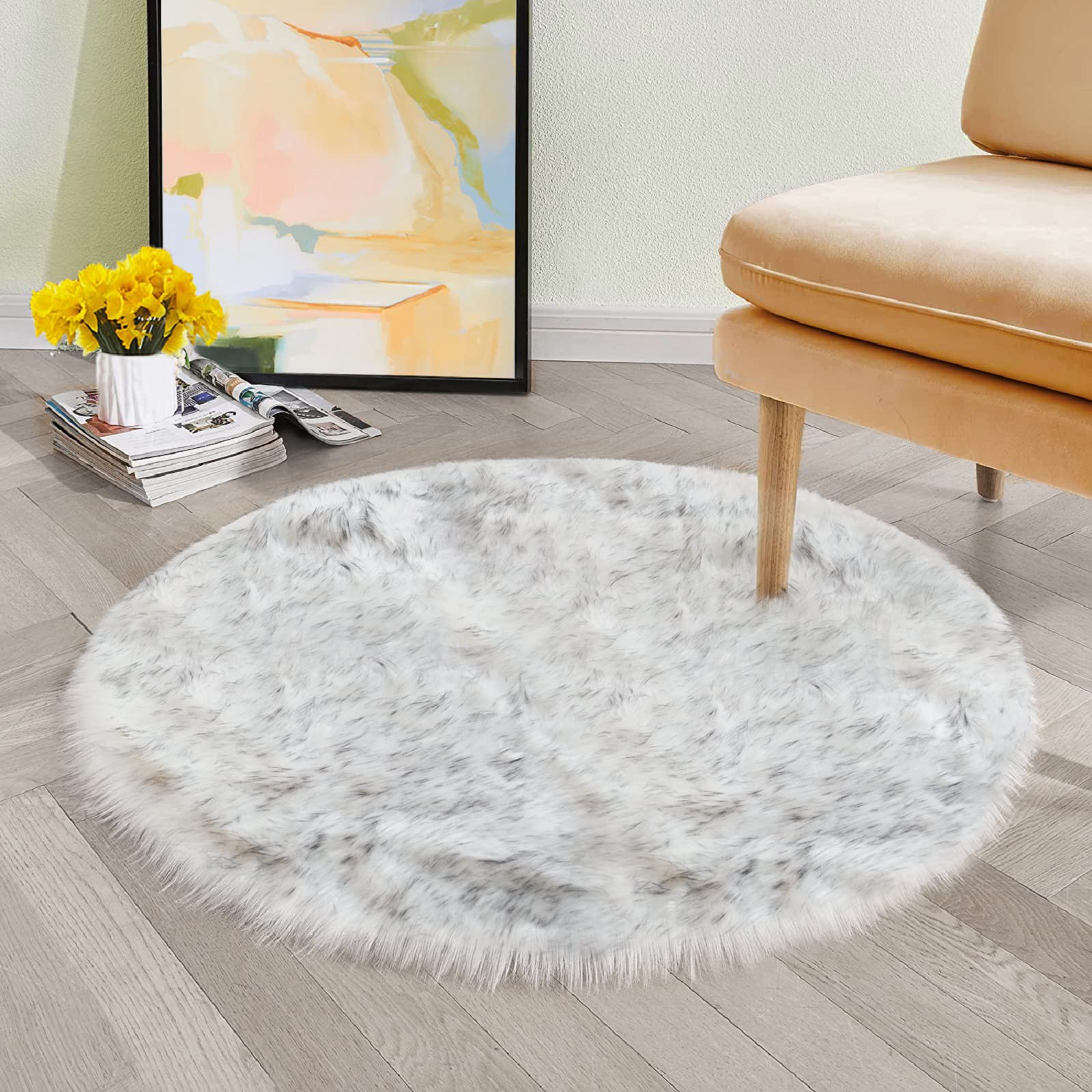 ORINOVA White and Grey Round Shag Rug 4ft Faux Sheepskin Fur Rugs for Living Room Small Circle Washable Plush Rug for Nursery Cu