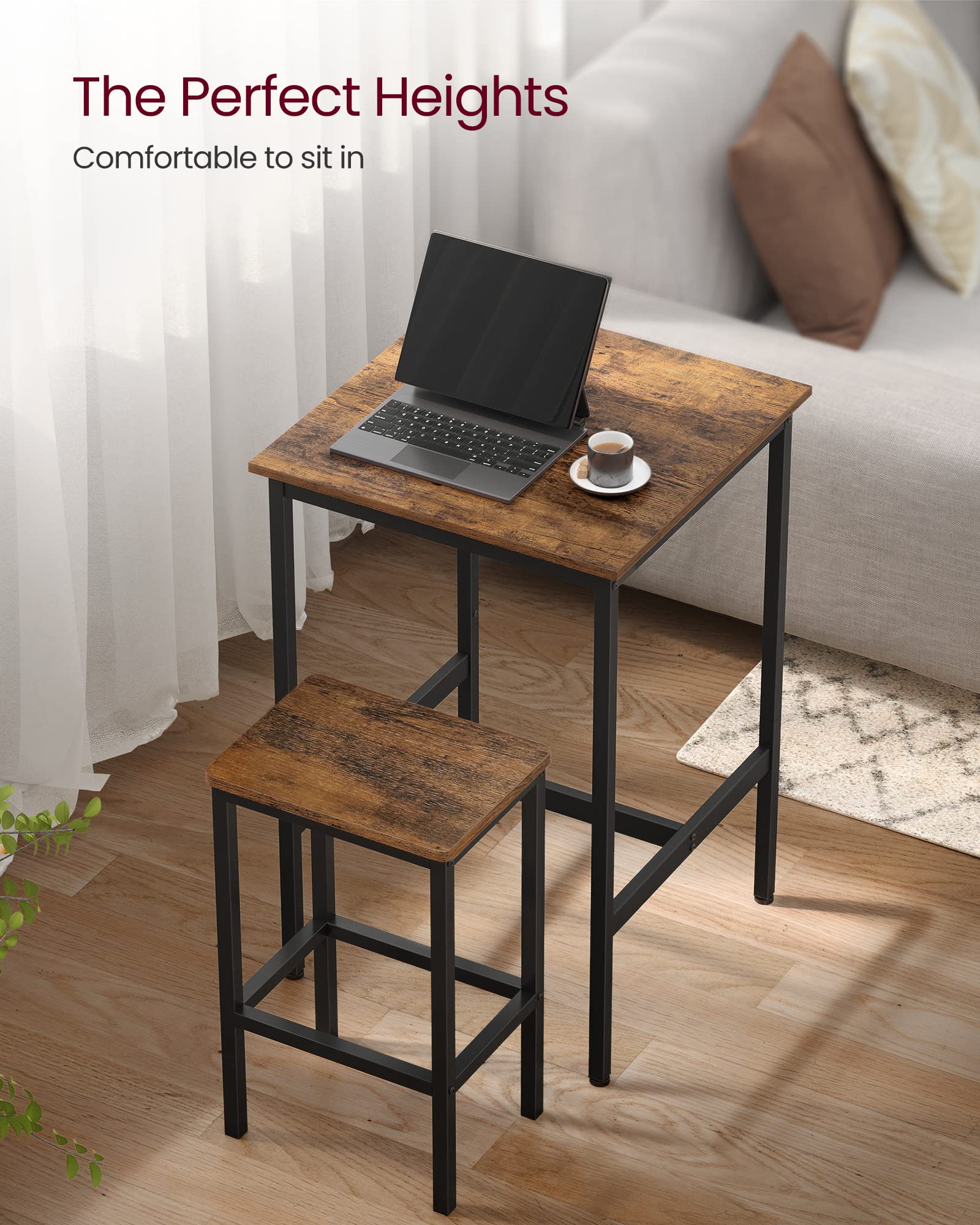 Vasagle Bar Table And Chairs Set, Square Bar Table With 2 Bar Stools, Dining Pub Bar Table Set For 2, Space Saving For Kitchen Breakfast, Living Room, Party Room, Rustic Brown And Ink Black