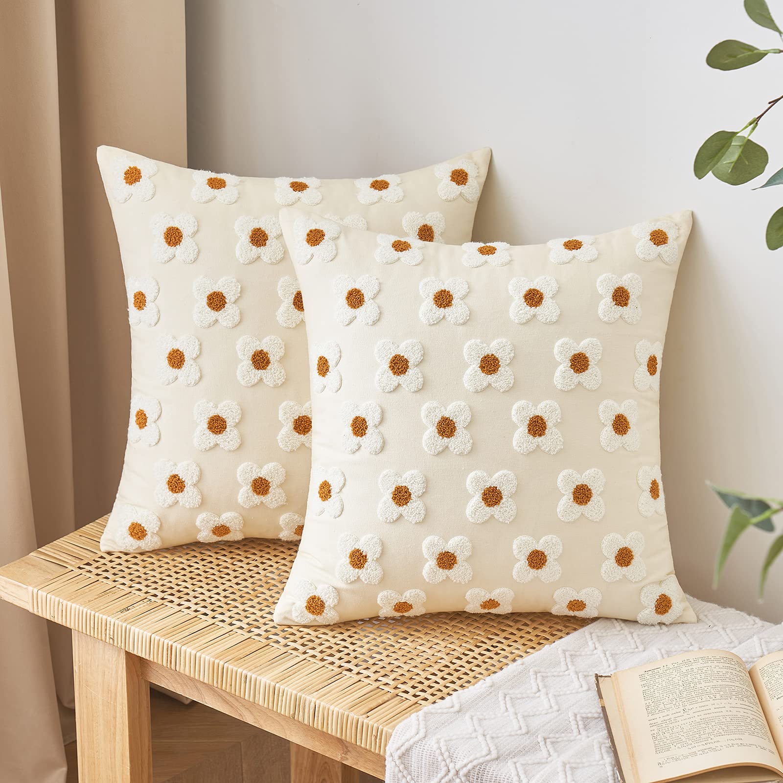 Emema Decorative Throw Pillow Covers Sun Flower Jacquard Pillowcase Cushion Case Square For Couch Sofa Bed Living Room Bedroom Set Of 2, 20X20 Inch, Beige