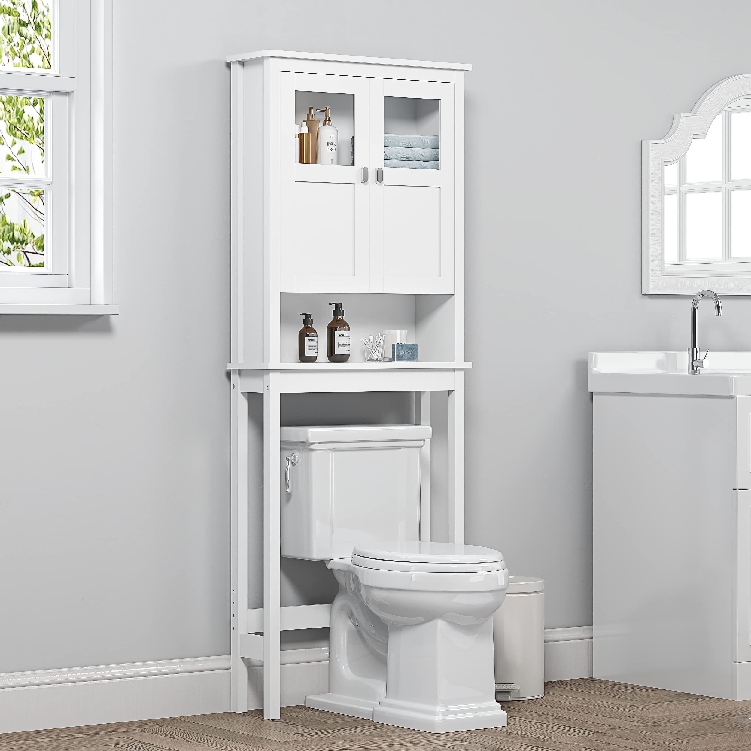 Spirich Bathroom Cabinet Over Toilet, Bathroom Storage Cabinet With Glass Doors And Adjustable Shelves, Over The Toilet Storage Cabinet, White