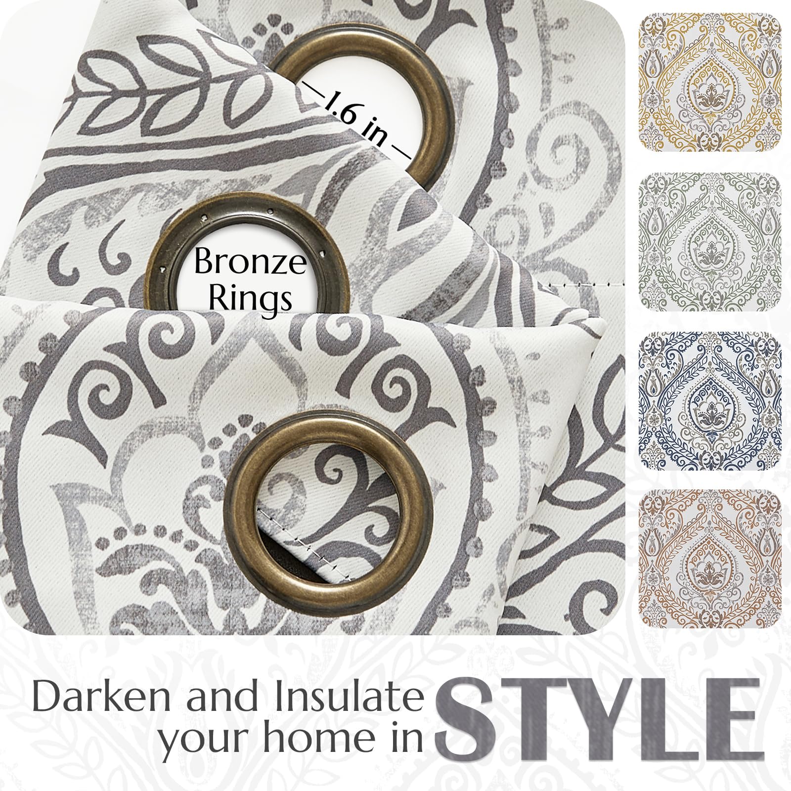 Jinchan 100% Blackout Curtains 90 Inch Length 2 Panels Grey Damask Medallion Window Curtains For Bedroom Grommet Thermal Insulated Drapes For Living Room Vintage Luxury Window Treatments Set