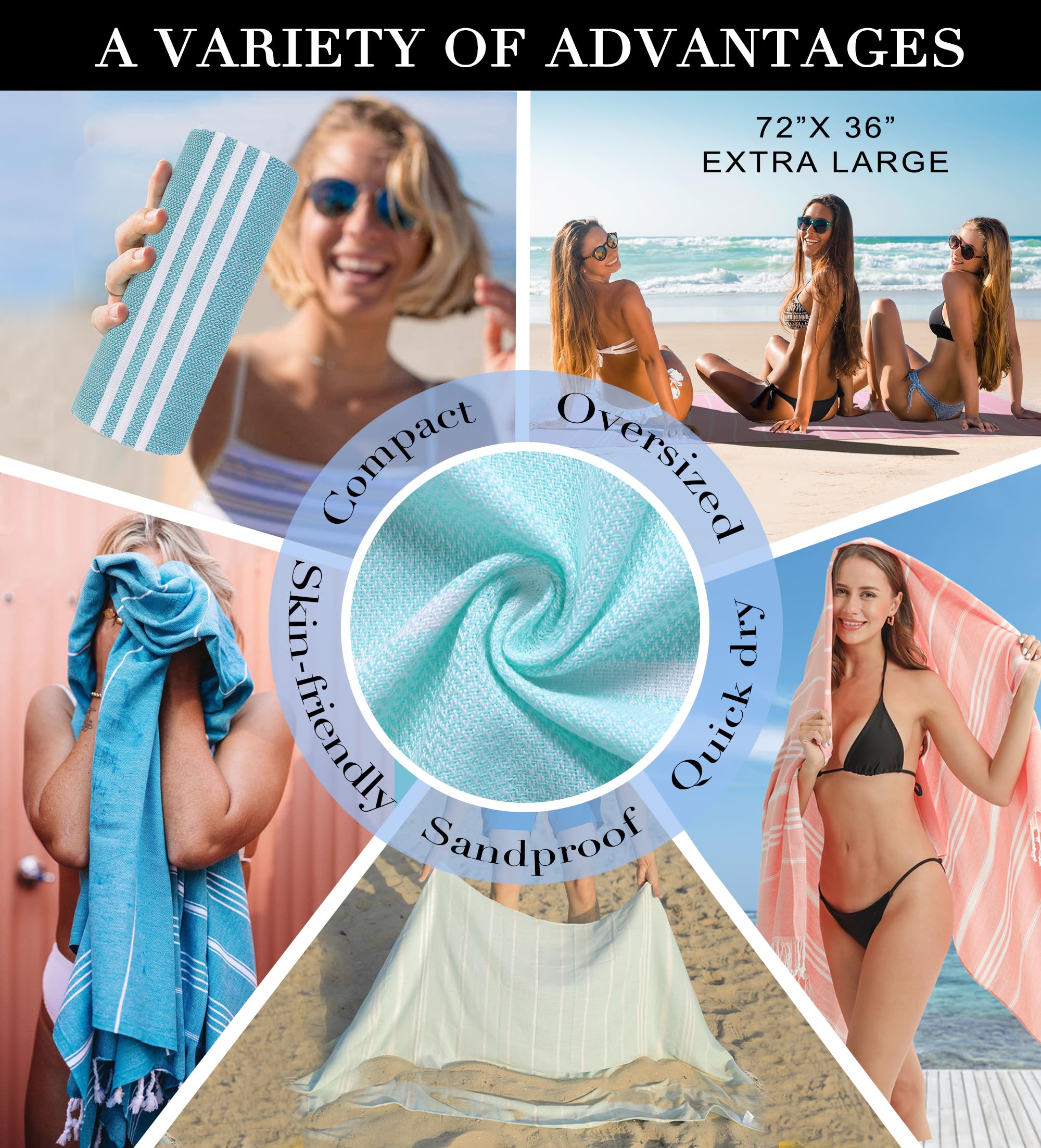 4 Packs Turkish Beach Towels Gym Towel Camping Blanket Xl Large Big Size Sandfree Sandrpoof Thin Fast Drying Packable Honeymoon