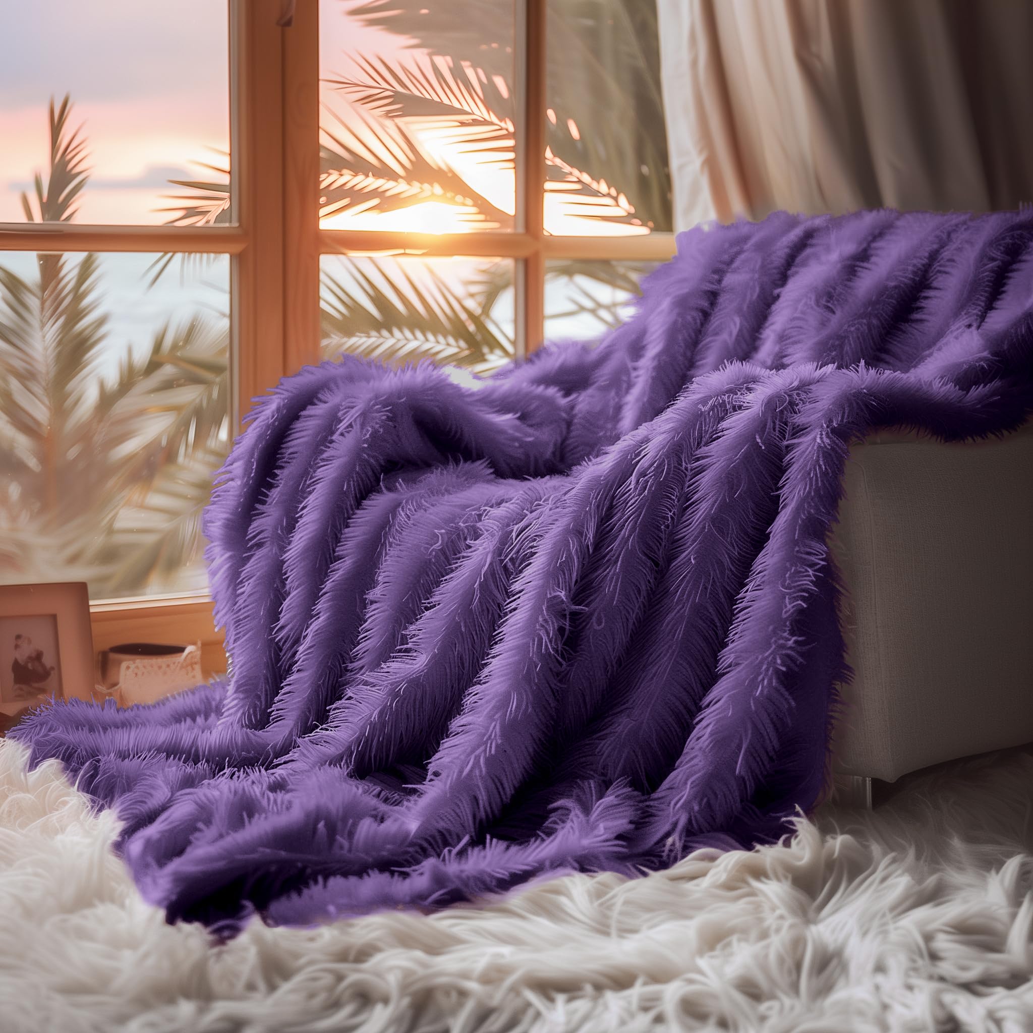 Hyde Lane Purple Fuzzy Throw Blanket, 2 Way Reversible Ultra Soft Long Faux Fur Throws, Shaggy Cozy Fluffy Blankets For Couch So