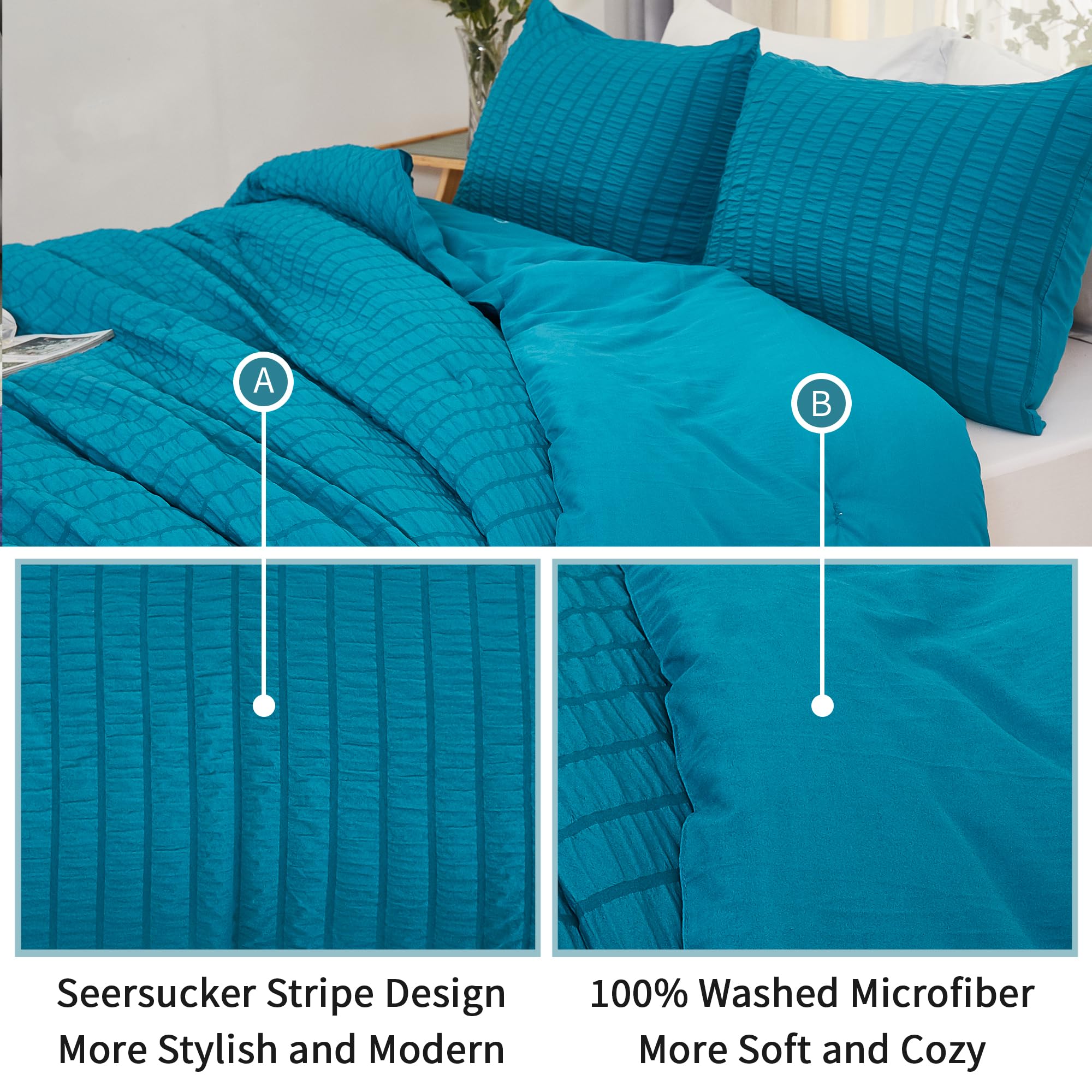 Avelom Teal Seersucker Full Comforter Set (80X90 Inches), 3 Pieces-100% Soft Washed Microfiber Lightweight Comforter With 2 Pillowcases, All Season Down Alternative Comforter Set For Bedding