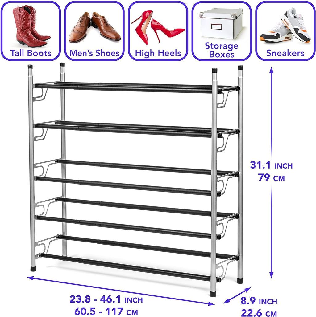 5-Tier Adjustable Freestanding Shoe Rack Organizer, Stackable Metal, Chrome