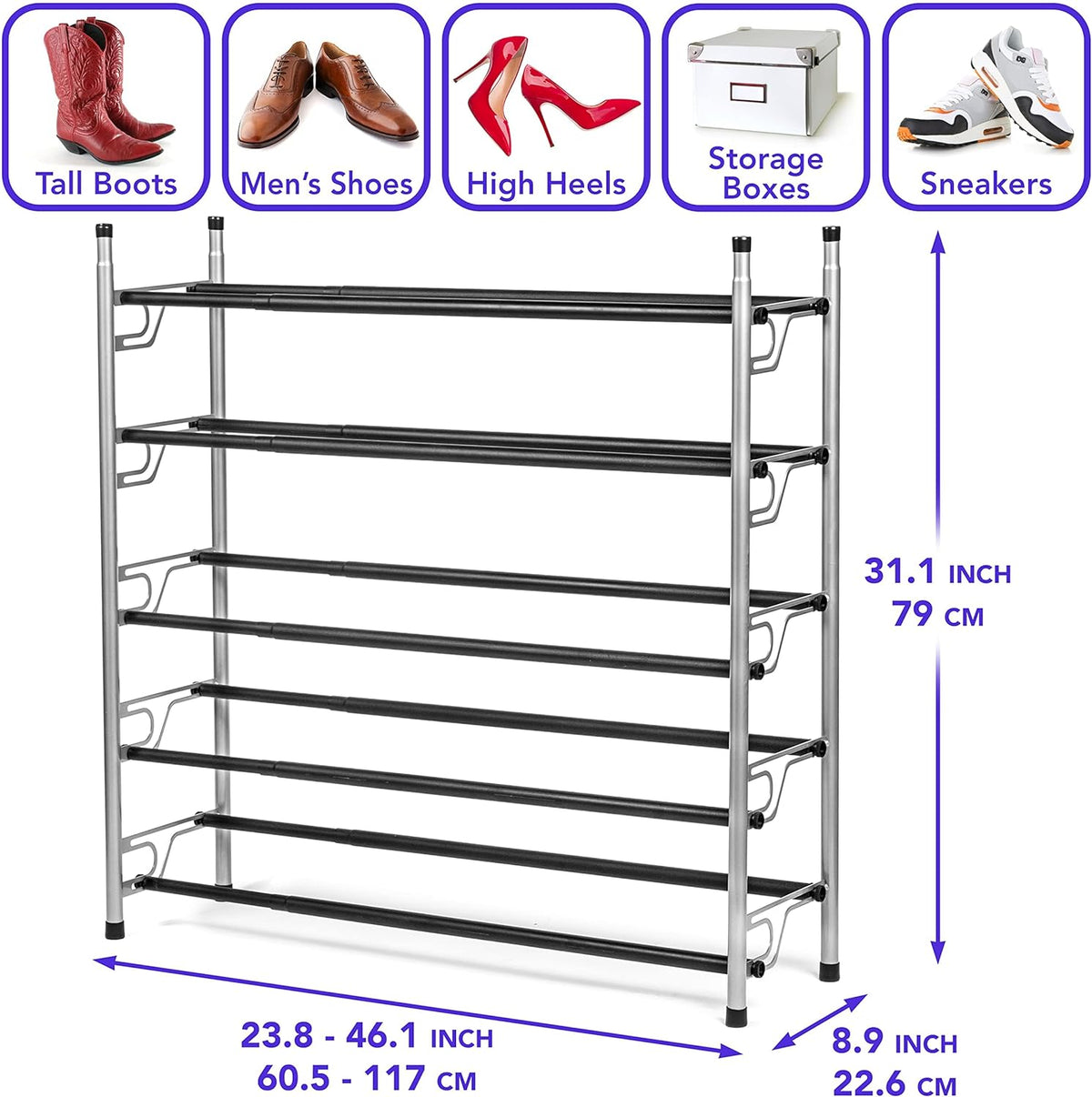 5-Tier Adjustable Freestanding Shoe Rack Organizer, Stackable Metal, Chrome
