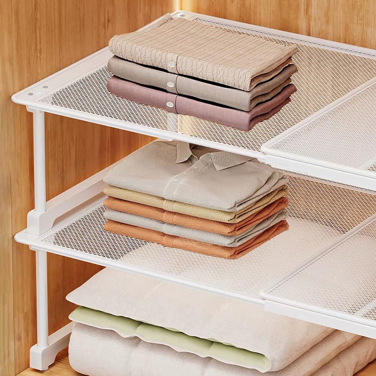 KOGHUP Expandable Closet Shelf Organizer, White Metal Mesh Stackable Adjustable Extendable Storage Rack, Multifunctional Wardrob