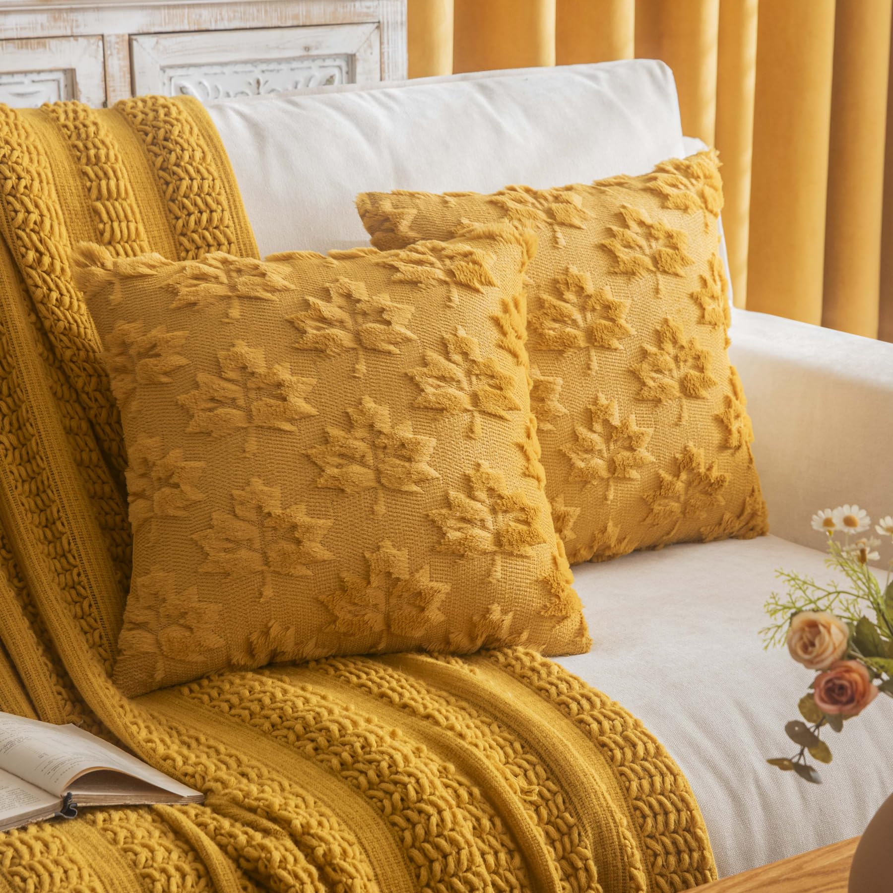 Cosibono Maple Leaf Fall Throw Pillow Covers 18'X18' Set Of 2, Mustard Yellow Farmhouse Decorative Pillow Cover For Autumn Har