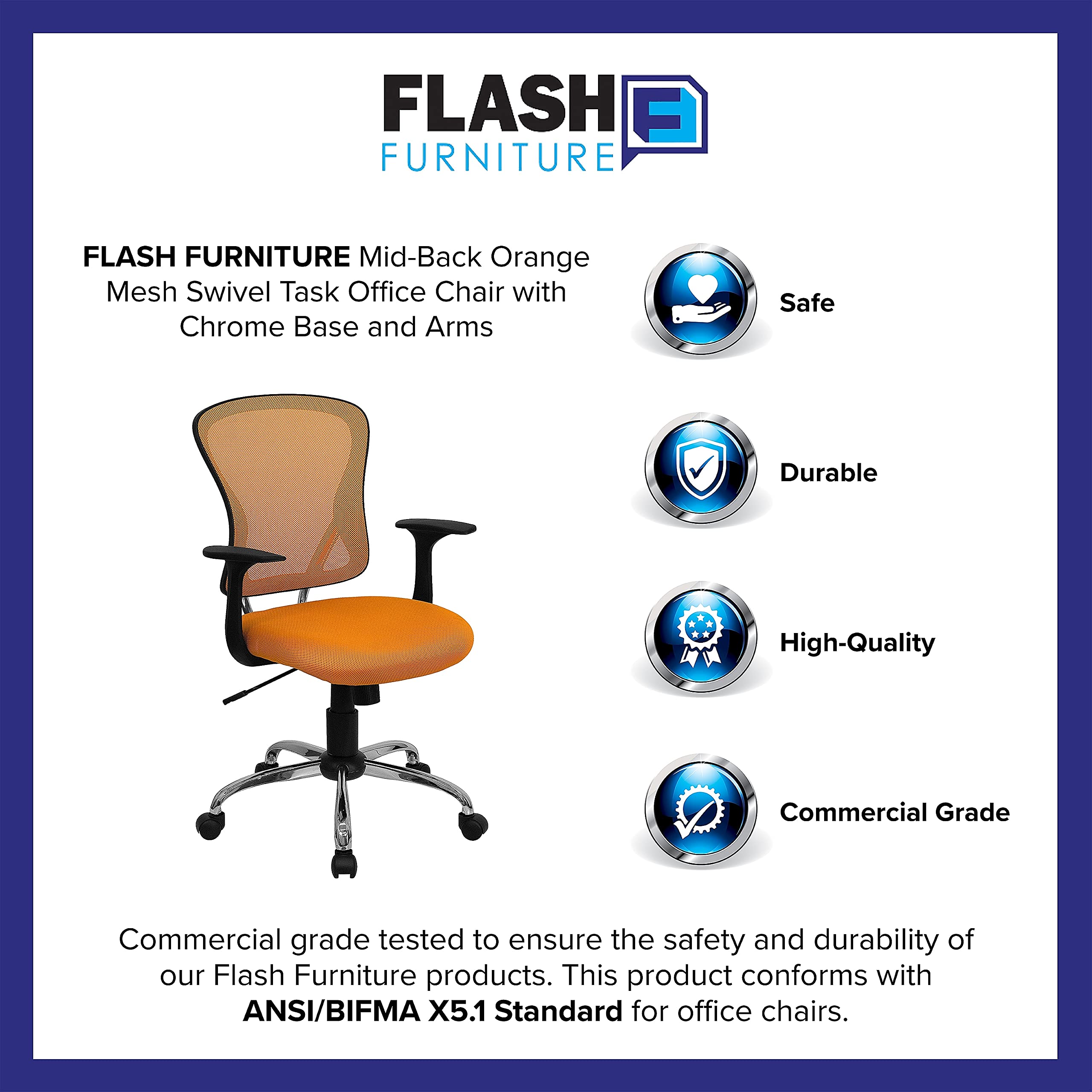 Flash Furniture Alfred Mid-Back Orange Mesh Swivel Task Office Chair with Chrome Base and Arms